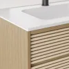 Wooden striped bathroom cabinet, modern and simple floor-standing washbasin cabinet with mirror and storage combination Application Scenario